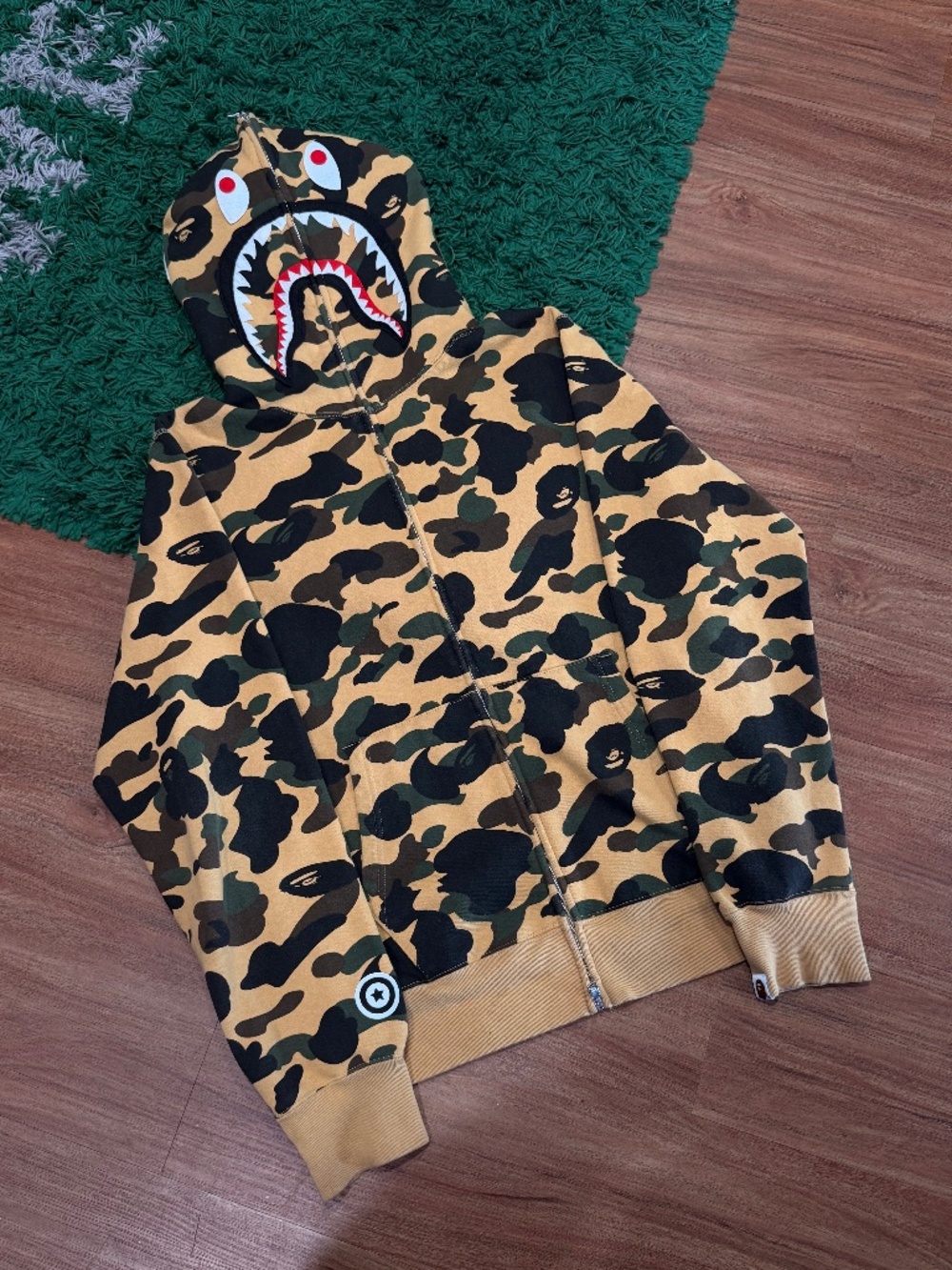 BAPE - Yellow Camo Shark Full Zip Hoodie Size XL - PreOwned